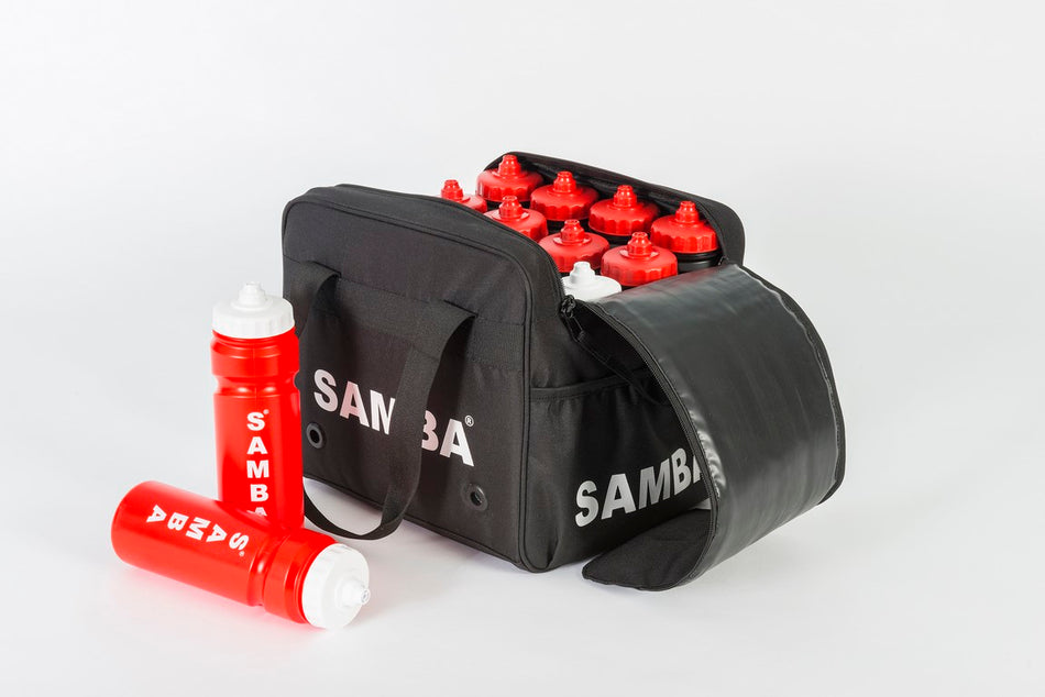 The Samba Sports Samba Water Bottle Carry Bag, shown in black, holds 16 bottles and displays multiple red water bottles inside plus two extras outside on a white surface.
