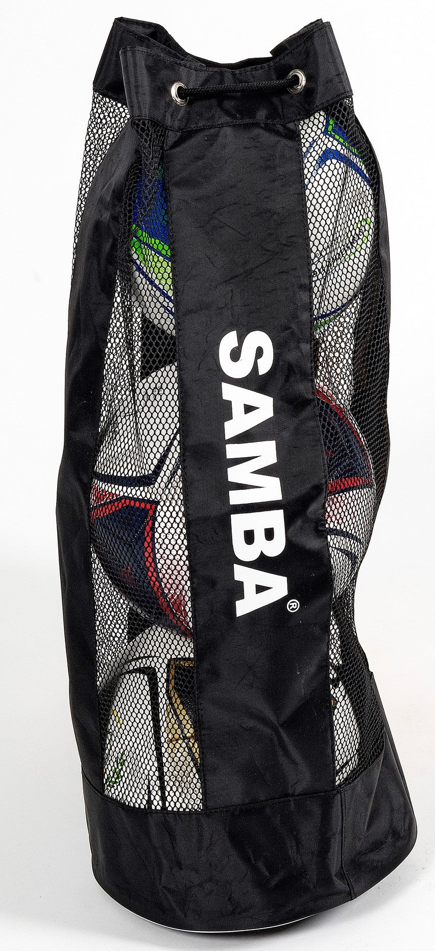 The Samba Sports Samba Ball Tube (3 Ball) features black mesh panels and a shoulder strap, holding 3 size 5 balls while letting them show through.