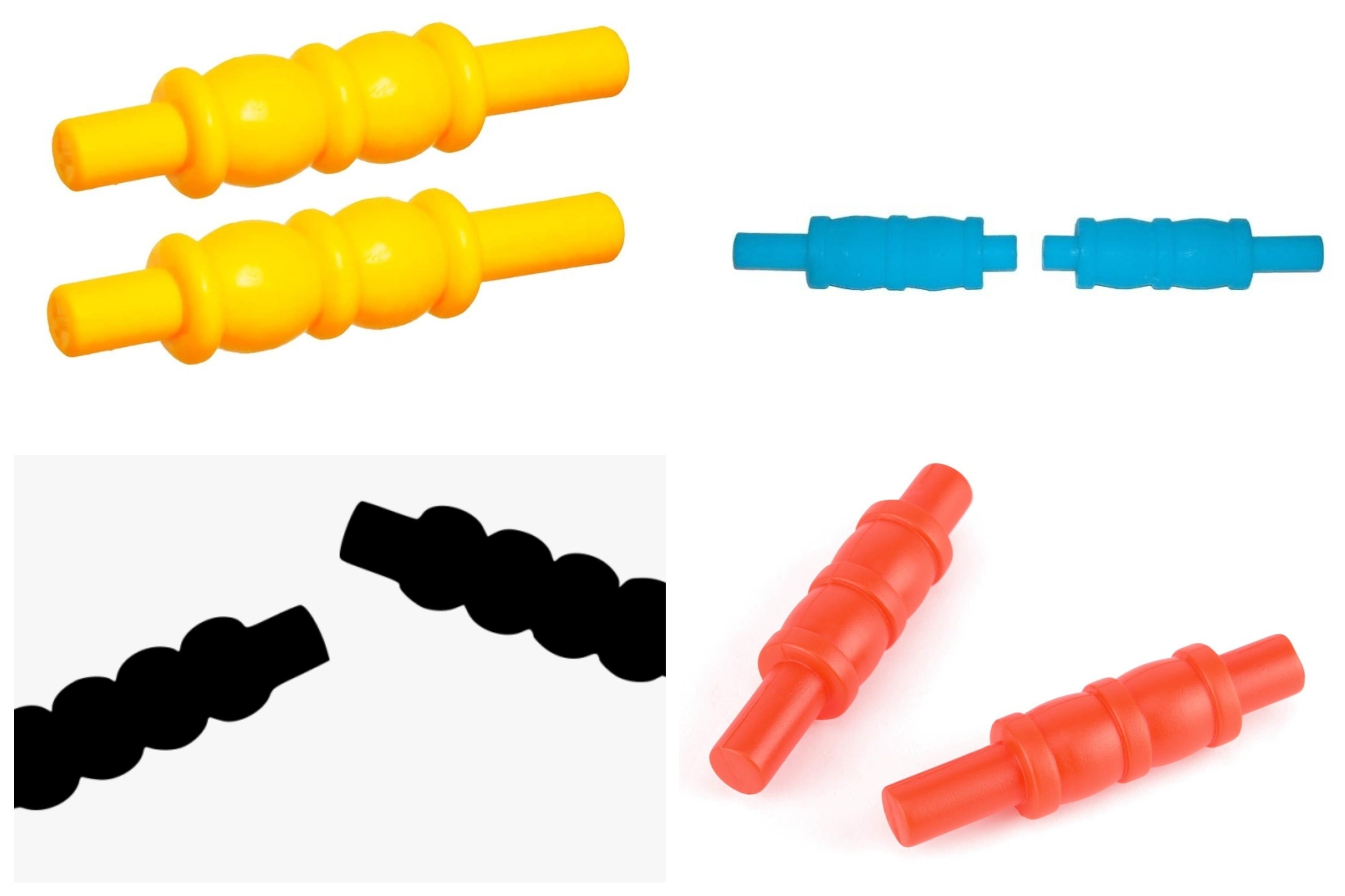 A collage features Martin Berrill Sports Plastic Cricket Bails (set of two) in yellow, each with a ribbed, cylindrical design like cricket bails, and includes black silhouettes in one section.
