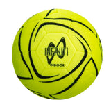 The Samba Sports Infiniti Indoor Ball Bright Yellow/Black features black curved lines, "INFINITI INDOOR" printed on the front, and hybrid construction for enhanced durability.