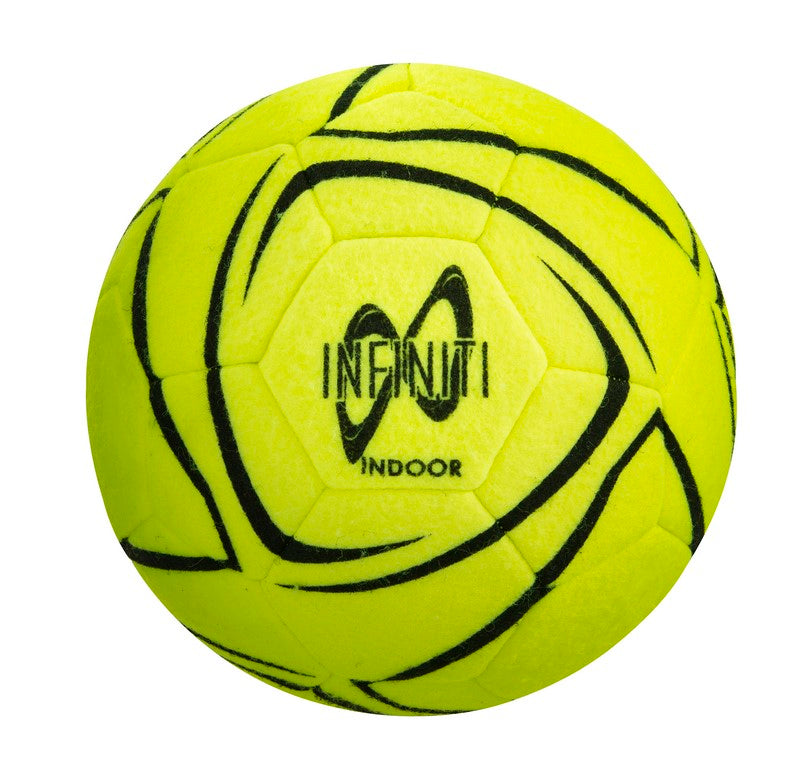 The Samba Sports Infiniti Indoor Ball Bright Yellow/Black features black curved lines, "INFINITI INDOOR" printed on the front, and hybrid construction for enhanced durability.