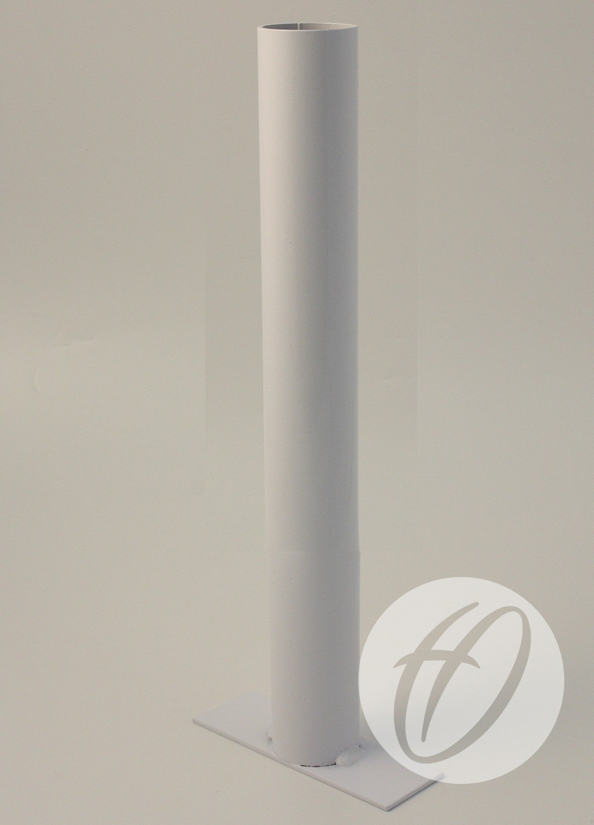 A white cylindrical Crowd Protection Ground Socket by Harrod Sport is mounted on a rectangular base and shown against a plain light background, with a semi-transparent circular logo featuring stylized letters in the bottom right corner.
