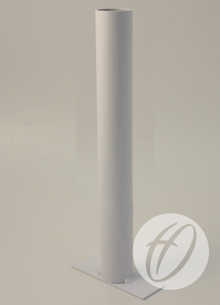A white cylindrical Crowd Protection Ground Socket by Harrod Sport is mounted on a rectangular base and shown against a plain light background, with a semi-transparent circular logo featuring stylized letters in the bottom right corner.
