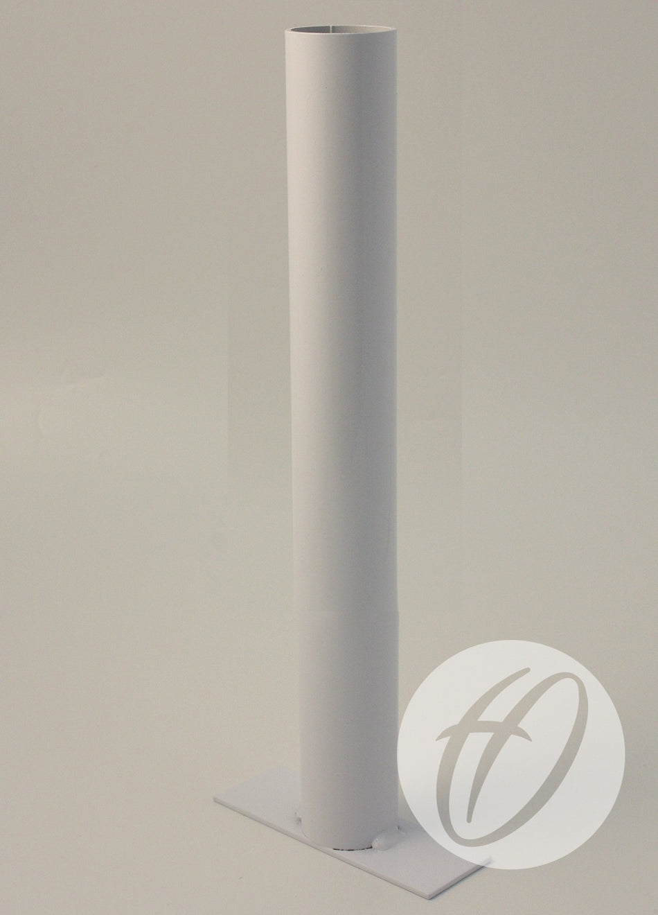 A white cylindrical Crowd Protection Ground Socket by Harrod Sport is mounted on a rectangular base and shown against a plain light background, with a semi-transparent circular logo featuring stylized letters in the bottom right corner.