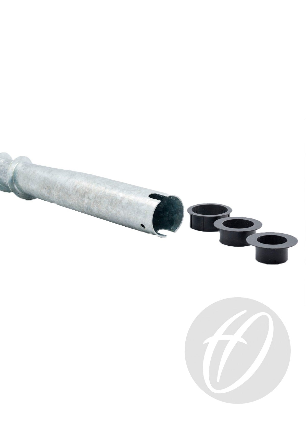 The Harrod Sport Turf Screw Socket & Cap is displayed: a galvanised steel pole with a notched end beside three black circular bushings, set against a white background with a faint logo in the bottom right corner.