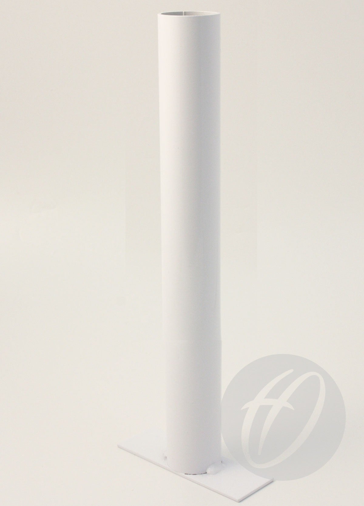 The Harrod Sport Spectator Barrier Socket is a tall, cylindrical white post (50mm diameter) mounted vertically on a flat rectangular base, shown against a plain white background with a faint H-in-circle watermark at the bottom right.