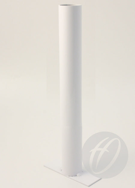 The Harrod Sport Spectator Barrier Socket is a tall, cylindrical white post (50mm diameter) mounted vertically on a flat rectangular base, shown against a plain white background with a faint H-in-circle watermark at the bottom right.