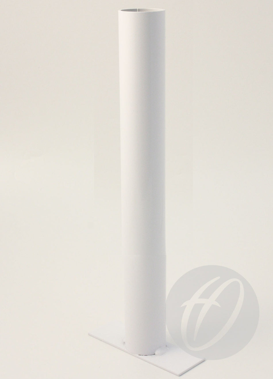 The Harrod Sport Spectator Barrier Socket is a tall, cylindrical white post (50mm diameter) mounted vertically on a flat rectangular base, shown against a plain white background with a faint H-in-circle watermark at the bottom right.