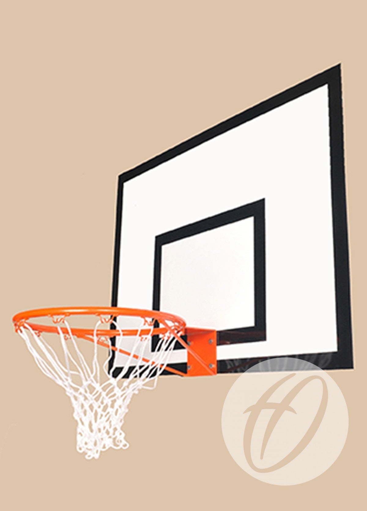 The Harrod Sport BB4 Regulation Basketball Rings feature a heavy-duty orange rim, white net, and rectangular backboard with black markings, secured by robust fixing bolts, all displayed against a plain beige background.