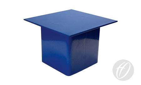 A blue, square-shaped Basketball Socket Drop-in Lid by Harrod Sport, designed to resemble a graduation cap and displayed against a white background. For convenience, it features a drop-in lid and displays a light gray circular logo in the lower right corner.