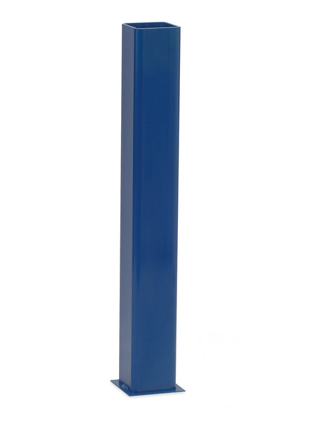 A tall, blue Spare Basketball Socket from Harrod Sport with a rectangular metal post and square base stands upright against a white background—ideal for basketball socket installation.