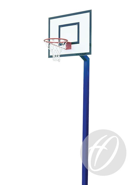 The Harrod Sport Mini Basketball Goals - Socketed features a white backboard, red rim, and regulation-size ring mounted on a tall blue pole, all isolated on a white background.