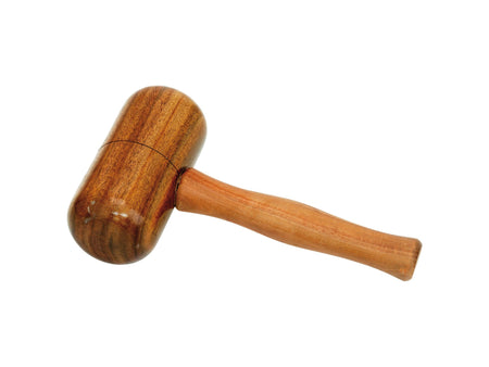 The Hunts County Bat Mallet features a cylindrical head and smooth curved handle, ideal for knocking-in cricket bats and softening willow. Perfect for bat preparation, it is shown isolated on a white background.