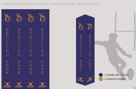 Four blue Gilbert Custom Printed Junior Rugby Post Protectors featuring gold stag and hawk logos with "BEAULIEU PARK" vertically; right side shows a 3D view with color codes, plus faint rugby goal and player silhouettes in the background.