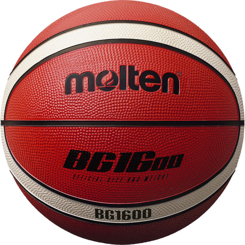 The Molten BG1600 Rubber Basketball features red and white panels, durable rubber construction, and black 'molten' and 'BG1600' text. Shown close up on a white background. Ideal for indoor and outdoor play.