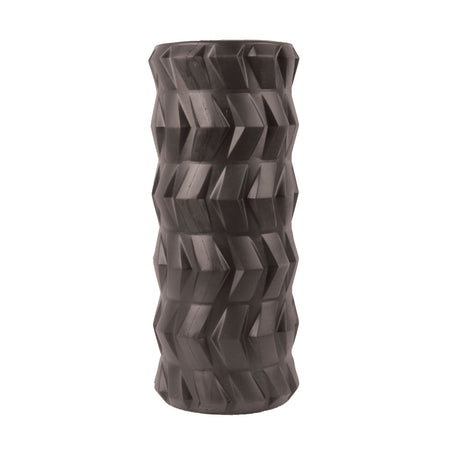 The Fitness Mad Tread Roller by Fitness Mad is a black foam roller with a textured geometric surface, ideal for myofascial release and deep tissue massage during physical therapy.