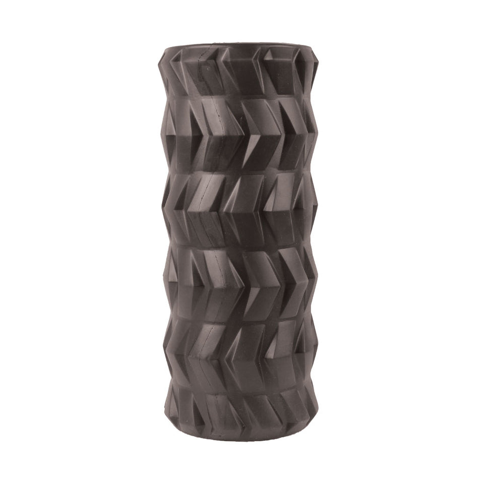 The Fitness Mad Tread Roller by Fitness Mad is a black foam roller with a textured geometric surface, ideal for myofascial release and deep tissue massage during physical therapy.