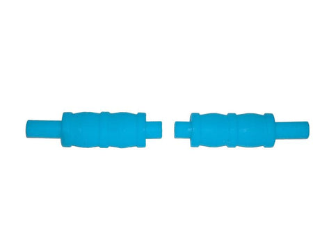 The Martin Berrill Sports Plastic Cricket Bails set includes two identical blue plastic cylindrical bails with ridges, displayed parallel and apart on a white background.