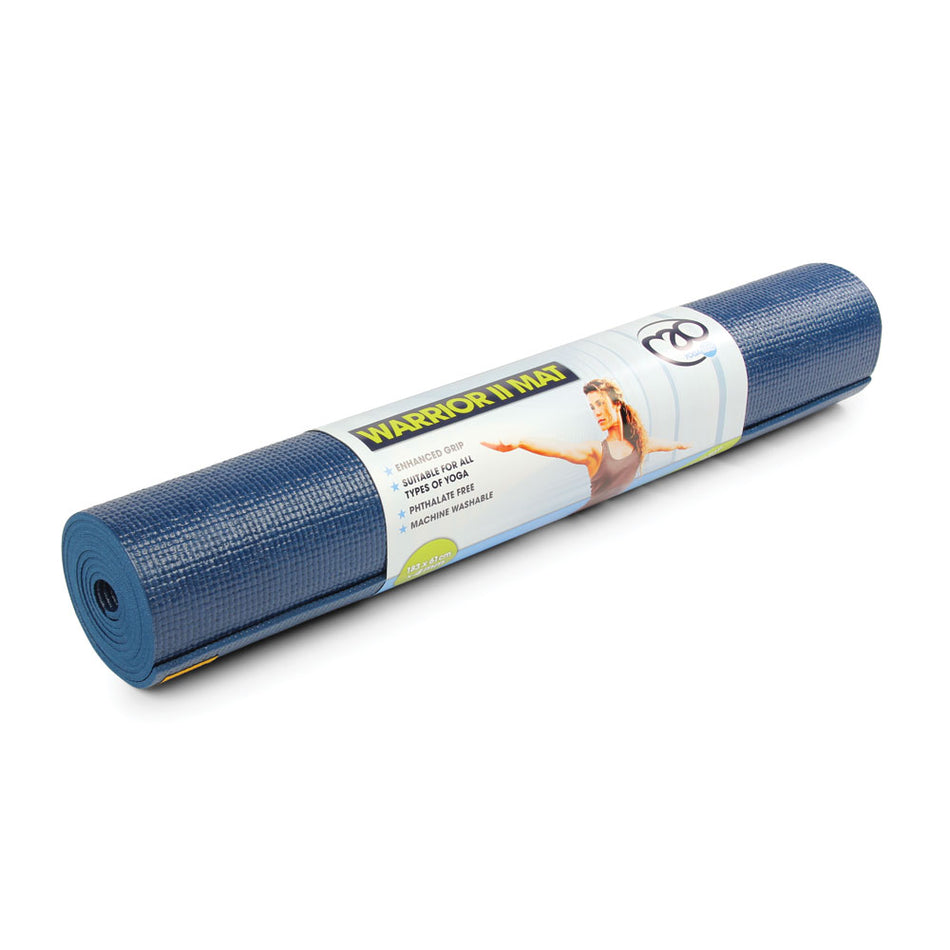 A dark blue Fitness Mad Yoga-Mad Warrior II Mat 4mm, featuring improved grip and phthalate-free packaging with product details and an image of a smiling woman in a yoga pose.