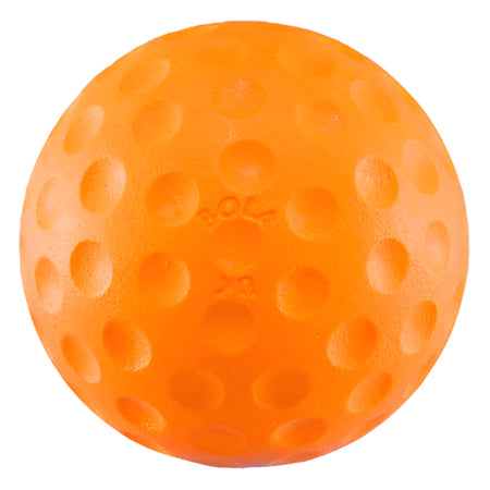 A bright orange Bola Junior Bowling Machine Practice Ball by Bola, featuring evenly spaced circular dimples and a slightly shiny texture, is viewed from above against a white background with the text BOL X faintly visible in the center.