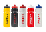 Five 750ml Samba Sports Water Bottles in yellow, black, white, red, and clear are shown side by side. Each BPA free bottle displays “SAMBA” in bold red on a white background and features a colored cap.