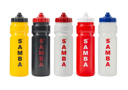 Five 750ml Samba Sports Water Bottles in yellow, black, white, red, and clear are shown side by side. Each BPA free bottle displays “SAMBA” in bold red on a white background and features a colored cap.