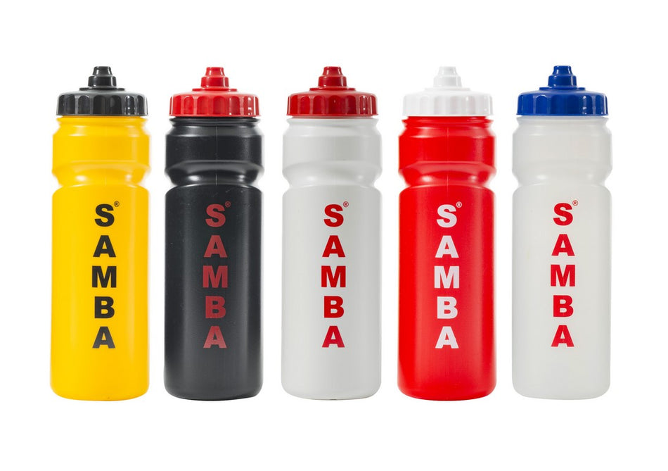 Five 750ml Samba Sports Water Bottles in yellow, black, white, red, and clear are shown side by side. Each BPA free bottle displays “SAMBA” in bold red on a white background and features a colored cap.