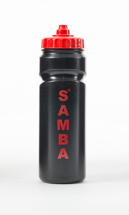 A BPA free 750ml Samba Water Bottle by Samba Sports, black with a red lid and 'SAMBA' printed vertically in red on the front, photographed against a plain white background.