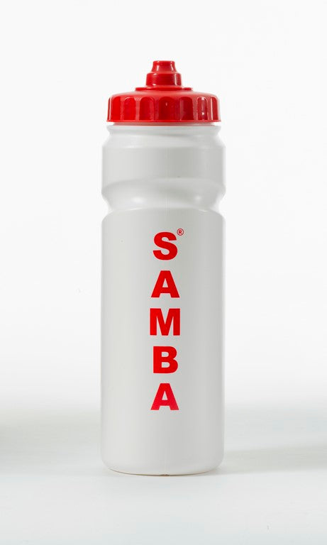 The 750ml Samba Water Bottle by Samba Sports features a white body, red cap, and bold vertical red SAMBA branding. Made from BPA-free materials, it’s stylish and safe for everyday use.