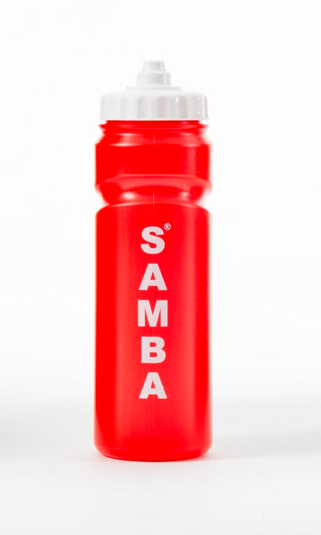 A bright red 750ml Samba Water Bottles by Samba Sports, BPA free with a white cap and bold vertical "SAMBA" lettering, stands upright against a plain white background.