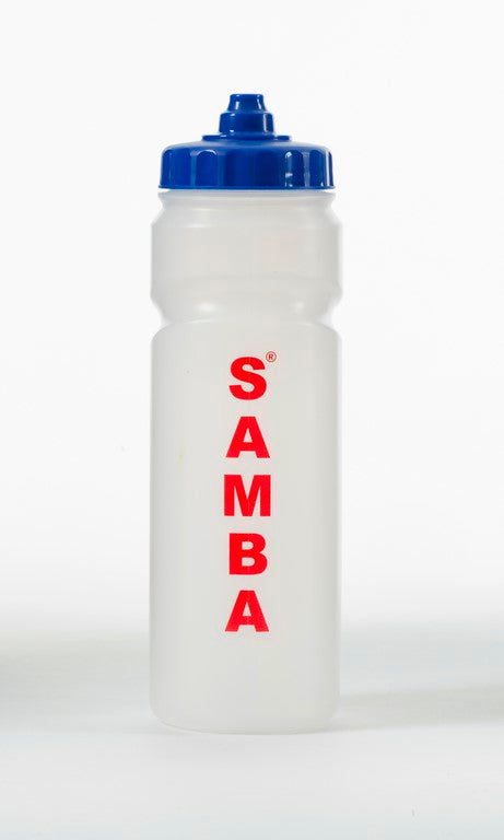 A white BPA-free Samba Sports Samba Water Bottles & Carrier with a blue cap and bold red vertical 'SAMBA' lettering on the front. Shown against a plain white background.