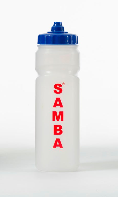 A white BPA-free Samba Sports Samba Water Bottles & Carrier with a blue cap and bold red vertical 'SAMBA' lettering on the front. Shown against a plain white background.