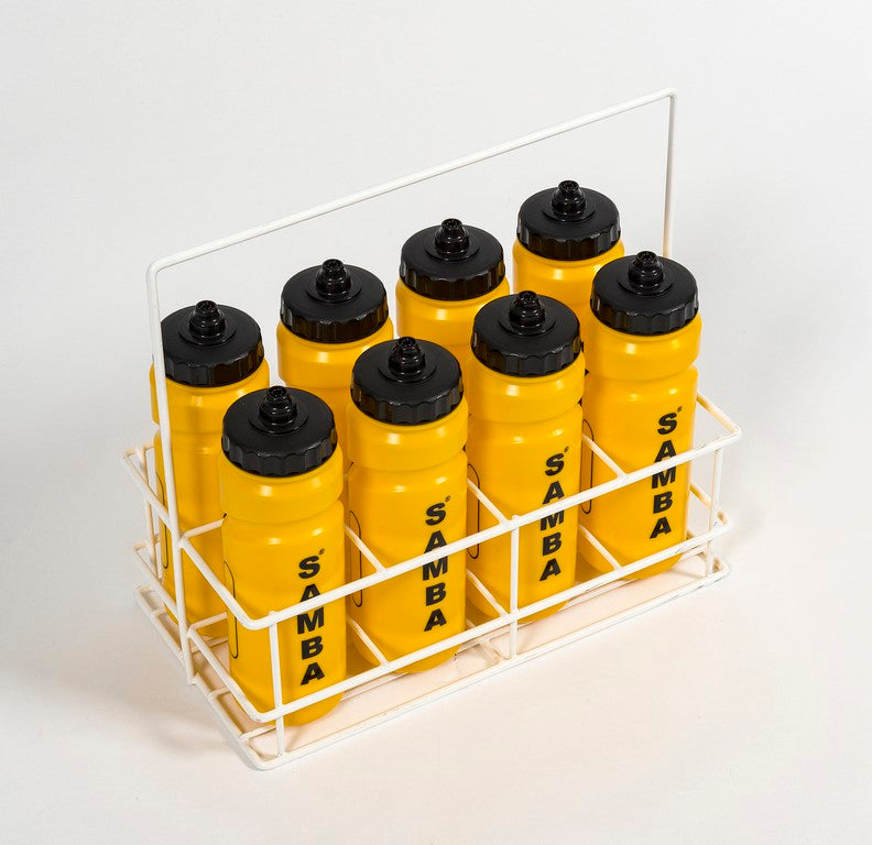 The Samba 8 Bottle Plastic Coated Wire Carrier by Samba Sports holds eight yellow water bottles with black lids, each vertically labeled "SAMBA" in black, arranged in two rows of four.