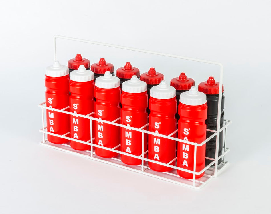 The Samba Sports Samba 12 Bottle Plastic Coated Wire Carrier holds nine bottles—eight red with white caps labeled SMBA, and one black with a red cap—neatly arranged in two rows against a white background.