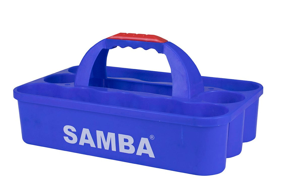 A blue plastic Samba Sports Water Bottles & Carrier, with a red and blue handle marked "SAMBA" in white, features multiple compartments for organizing and carrying water bottles or other items.
