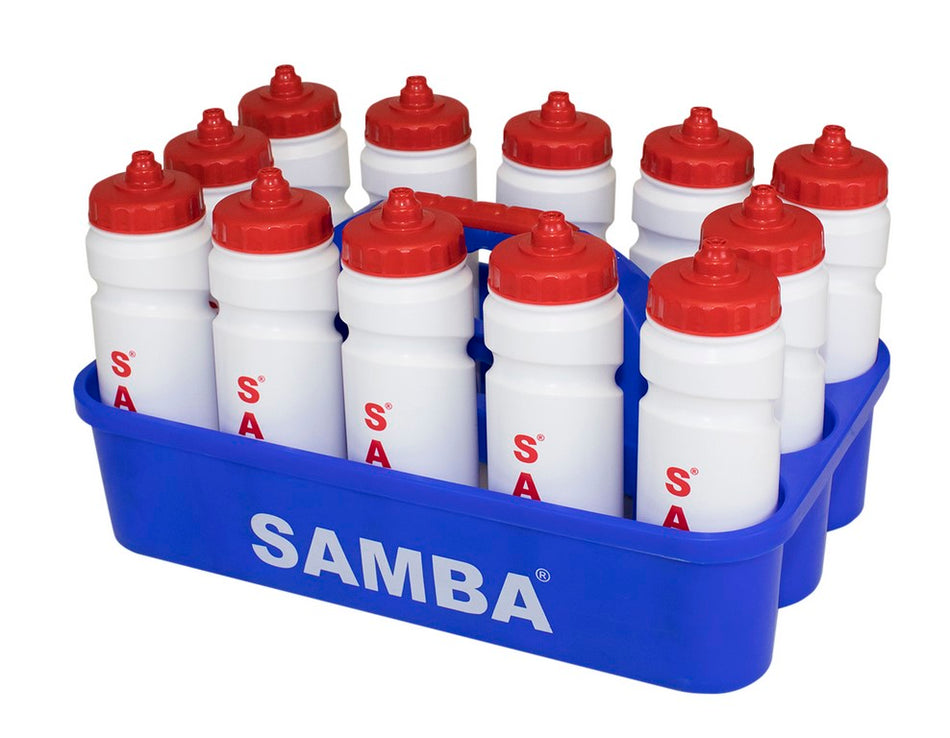 The Samba Sports Samba Water Bottles & Carrier holds twelve BPA free bottles with red lids in two rows, featuring the SAMBA logo printed in white on the blue carrier.