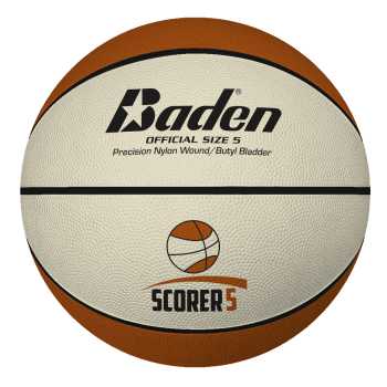 The Baden Sports Scorer Rubber Replica Basketball is an official size 5 ball with a white and brown design, black text, and an orange and white basketball logo—ideal for school games.