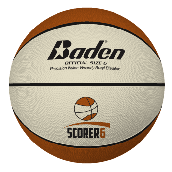 The Baden Sports Scorer Rubber Replica Basketball is a brown and cream, official size 6 ball with "SCORER 6" printed on it, featuring a small logo, nylon wound design, and butyl bladder—ideal for schools.