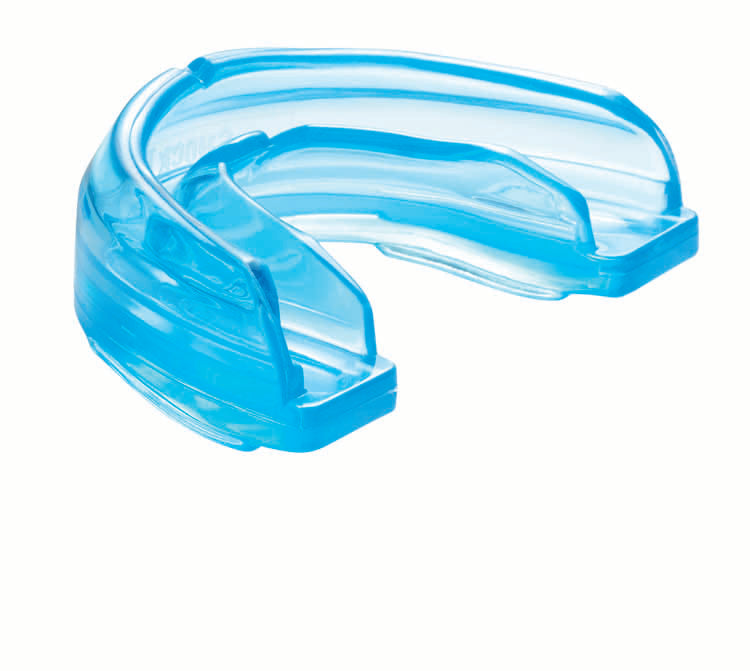 The Shockdoctor Braces Mouthguard by Shock Doctor, shown in blue, is a translucent plastic orthodontic mouthguard designed to fit over the upper teeth and displayed on a white background.