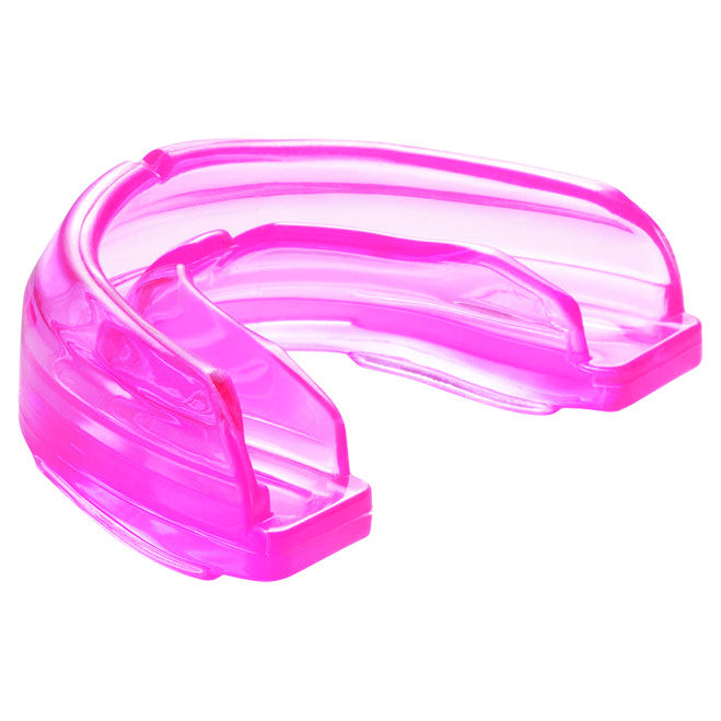 The Shock Doctor Braces Mouthguard, shown in pink, is a plastic athletic mouthguard designed to protect teeth and gums during sports.