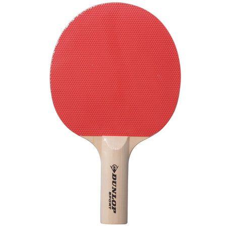 The Dunlop BT10 Table Tennis Bat is an entry-level option featuring a red textured rubber surface and a light wooden handle with the Dunlop logo.
