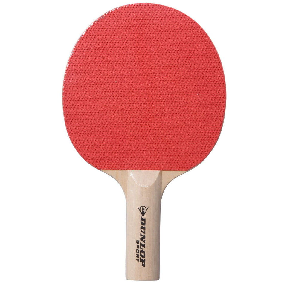 The Dunlop BT10 Table Tennis Bat is an entry-level option featuring a red textured rubber surface and a light wooden handle with the Dunlop logo.