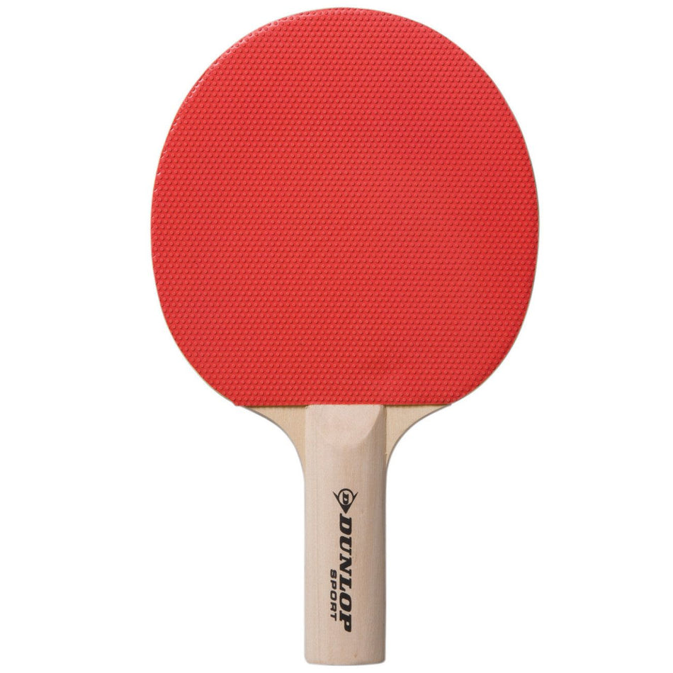 The Dunlop BT20 Table Tennis Bat features a red rubber and wooden handle with the Dunlop logo, shown on a white background—ideal for beginners.