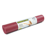 A rolled-up burgundy Fitness Mad Yoga-Mad Warrior II Mat 4mm, phthalate free, with a wrap showing a woman in a yoga pose and product details, offers improved grip, isolated on a white background.