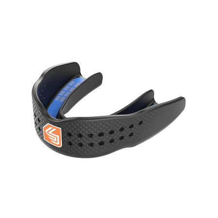 A Shock Doctor SuperFit All Sport Mouth Guard in black with a blue textured outer surface and an orange logo on the front, designed for athlete protection, displayed on a white background.