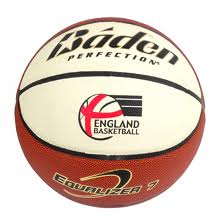 The Baden Equalizer Basketball by Baden Sports is made of synthetic leather with white and orange panels, features the England Basketball logo, and is ideal for both indoor and outdoor play.