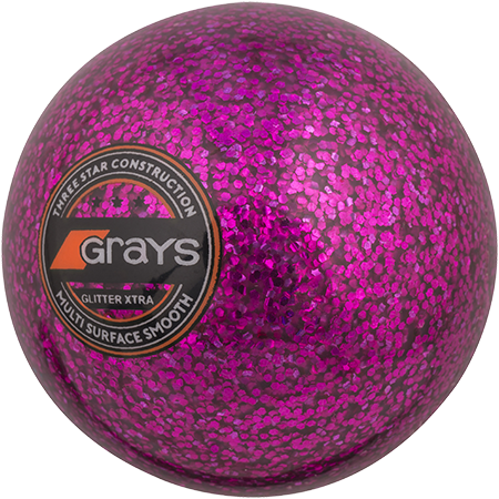 The Grays Glitter Xtra Hockey Ball is a bright pink ball with glitter, featuring the Grays logo—ideal for playing under floodlights.