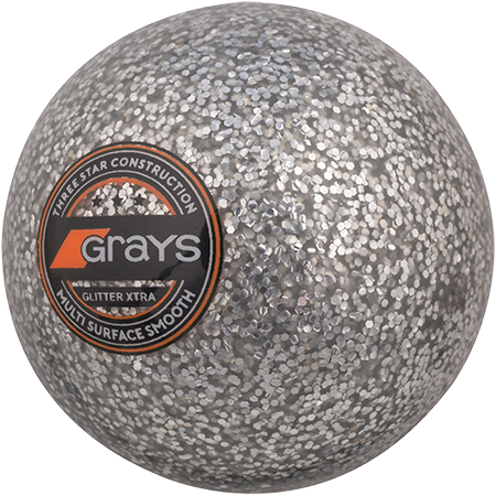The Grays Glitter Xtra Hockey Ball is a silver, glittery ball from Grays, designed with a dimpled texture—ideal for high visibility under floodlights.