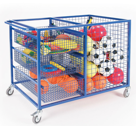 The Mastersport Jumbo Sports Equipment Trolley is a blue, heavy-duty wheeled cart filled with soccer balls, basketballs, footballs, cones, and other gym items—ideal for organizing and transporting sports gear.