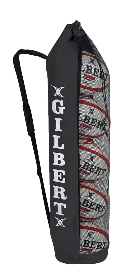 The Gilbert Rugby Ball Tube (5 Ball Bag) by Gilbert is a tall black bag with a shoulder strap, designed for convenient storage and transport of up to five rugby balls—ideal for carrying your essential training equipment.